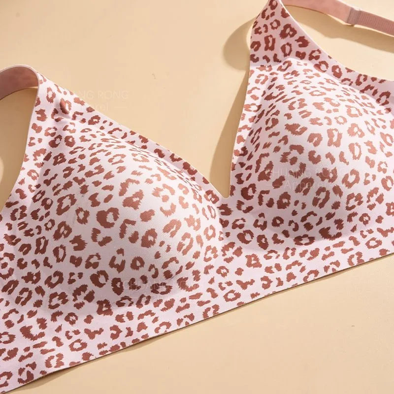 Leopard Print Bra Women Wireless Jelly Support Full-Cup Bra Seamless Invisible Comfortable Breathable Daily Wear Top Underwear