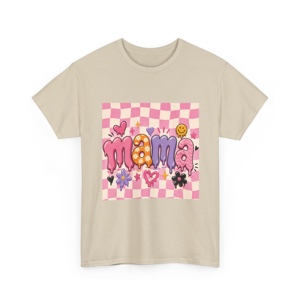 Mama Checkerboard Graphic Tee — Cute Pink Heart & Flower Mother's Day Shirt