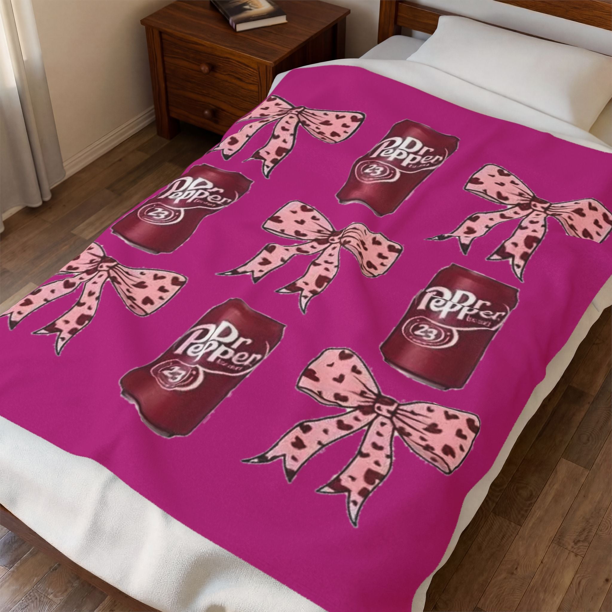 Dr Pepper Cans & Pink Bows Velveteen Plush Blanket — Cozy Soda Lover Throw