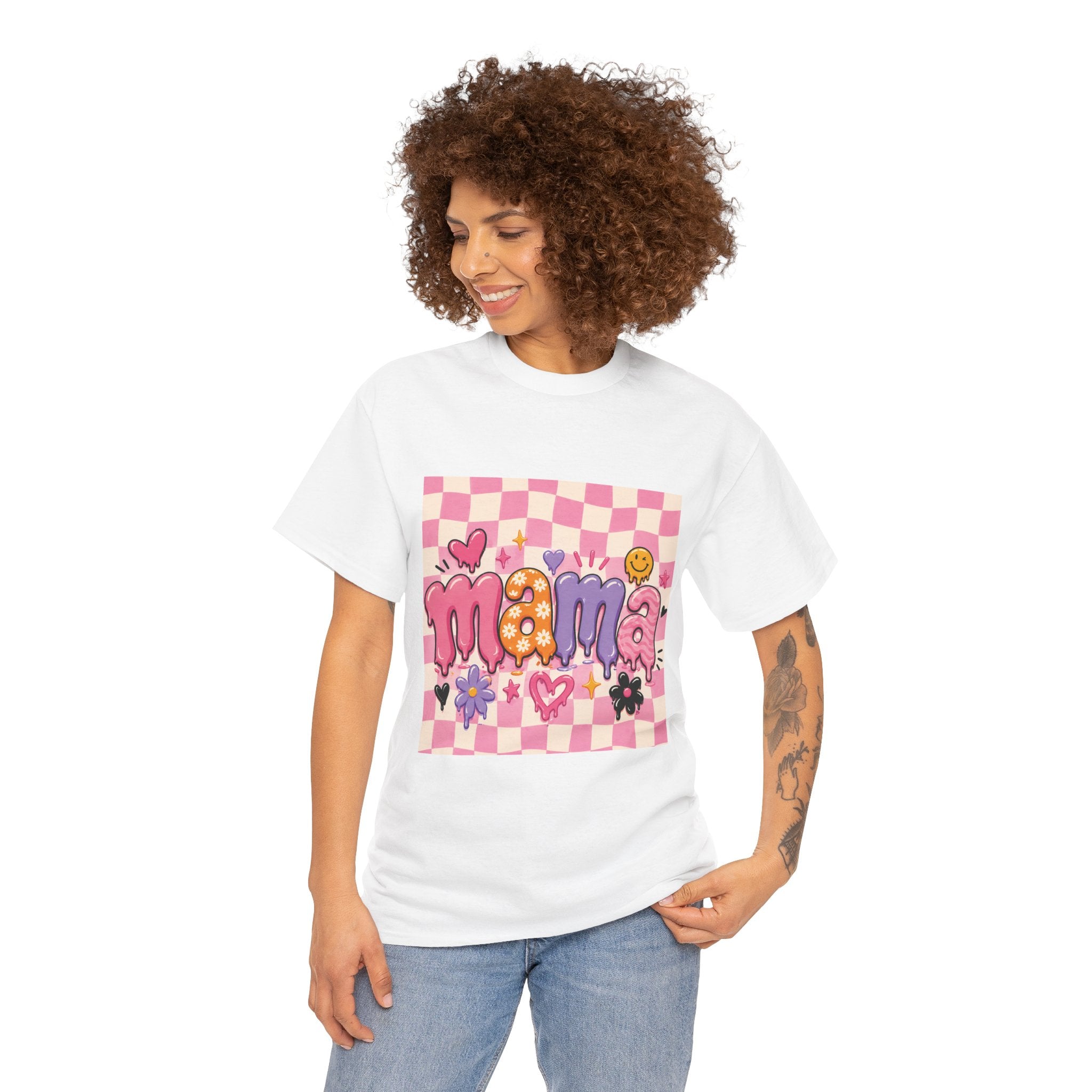 Mama Checkerboard Graphic Tee — Cute Pink Heart & Flower Mother's Day Shirt