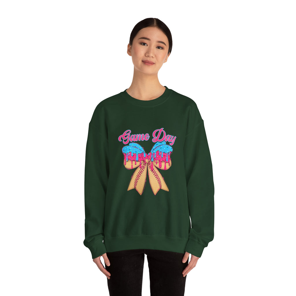 Game Day Cheerleader Sweatshirt — Pink & Blue Donut Bow Crewneck