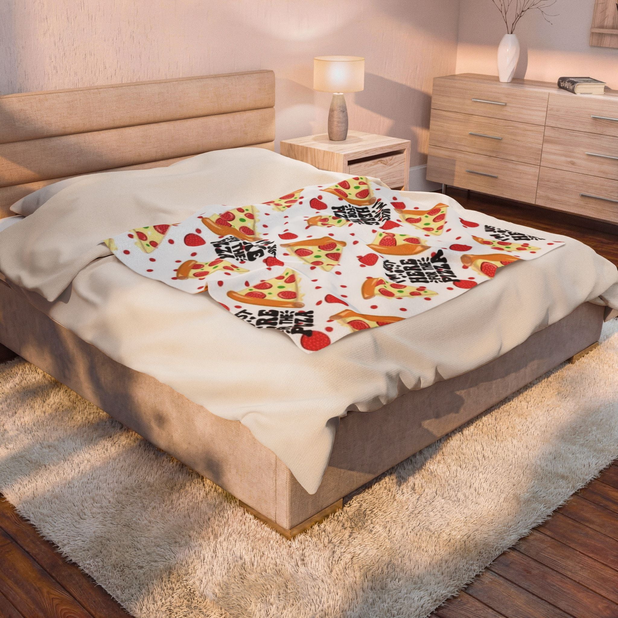 Pizza Pattern Velveteen Plush Blanket — “I’m Just Here for the Pizza” Cozy Throw