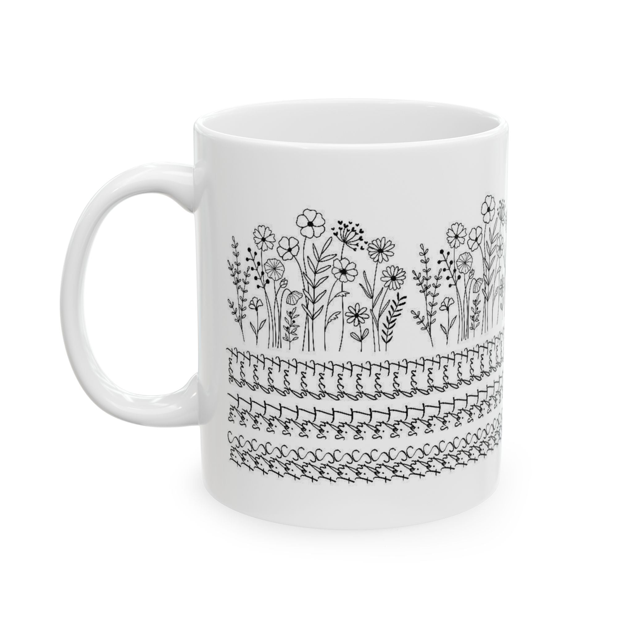 Floral Knit Pattern Ceramic Mug — Black Doodle Wildflower Design (11oz & 15oz)