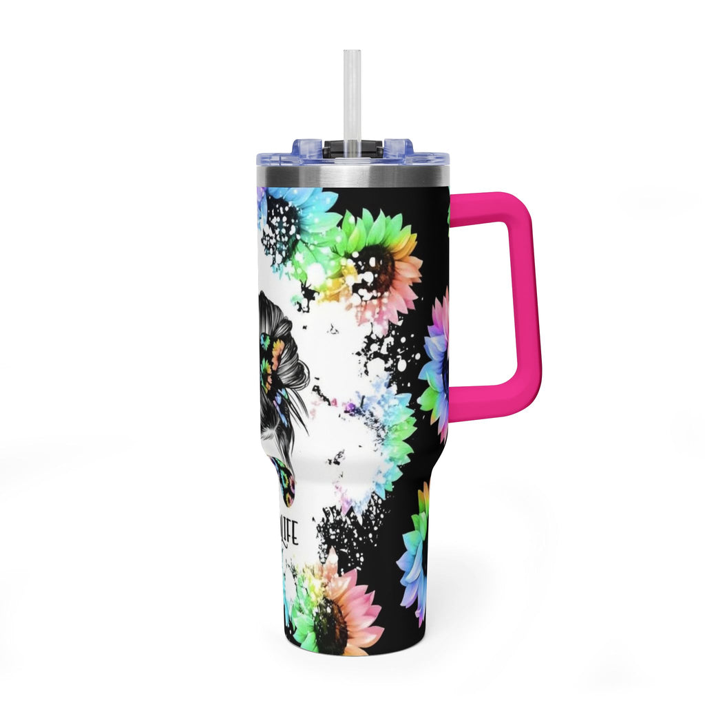 40oz Mom Life Tumbler - Floral Skull Messy Bun Vacuum Insulated Travel Mug
