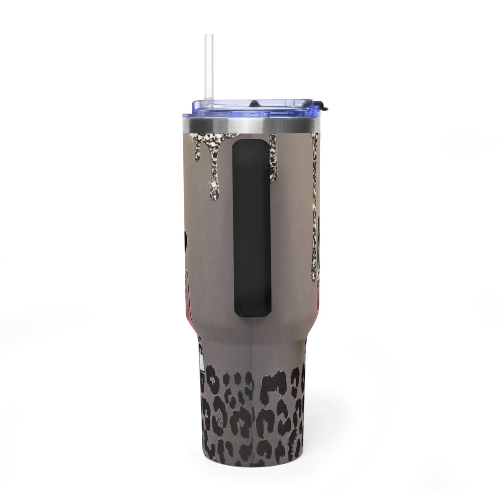 Blessed Leopard 40oz Vacuum Tumbler — Insulated Travel Cup with Glitter Drip Design