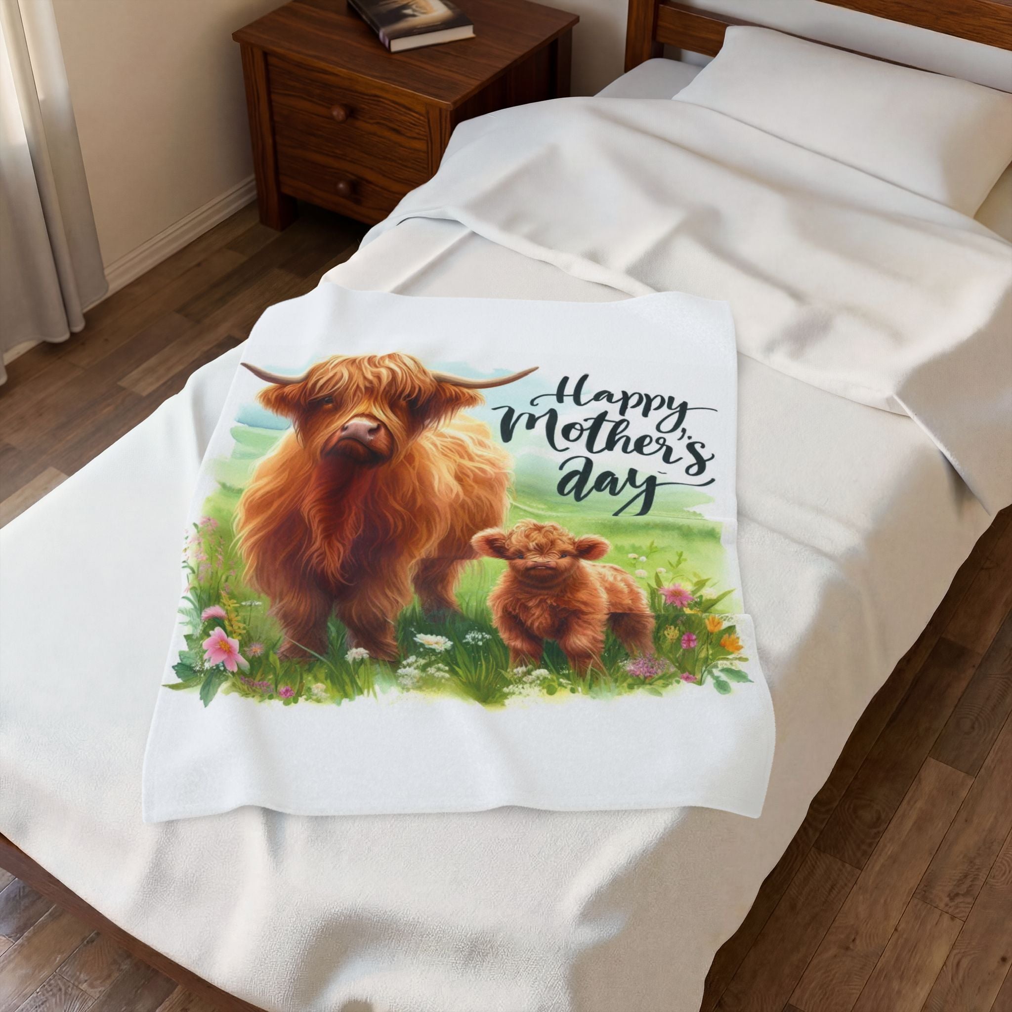 Mother's Day Velveteen Plush Blanket – Highland Cow & Calf Gift