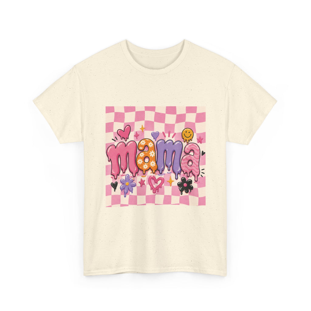 Mama Checkerboard Graphic Tee — Cute Pink Heart & Flower Mother's Day Shirt