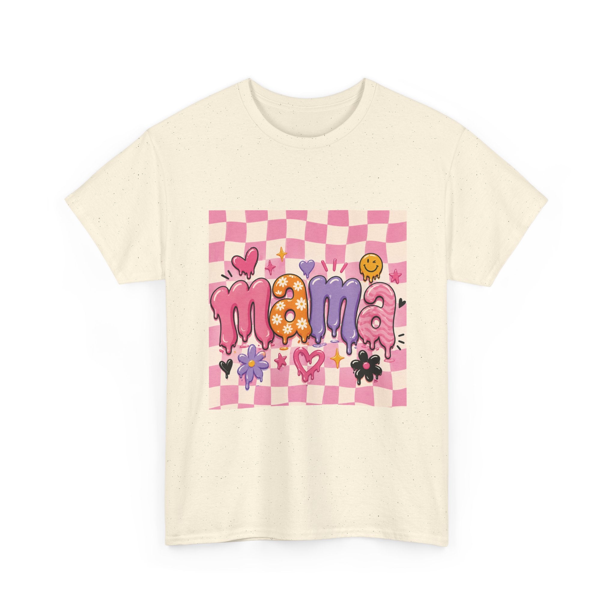 Mama Checkerboard Graphic Tee — Cute Pink Heart & Flower Mother's Day Shirt