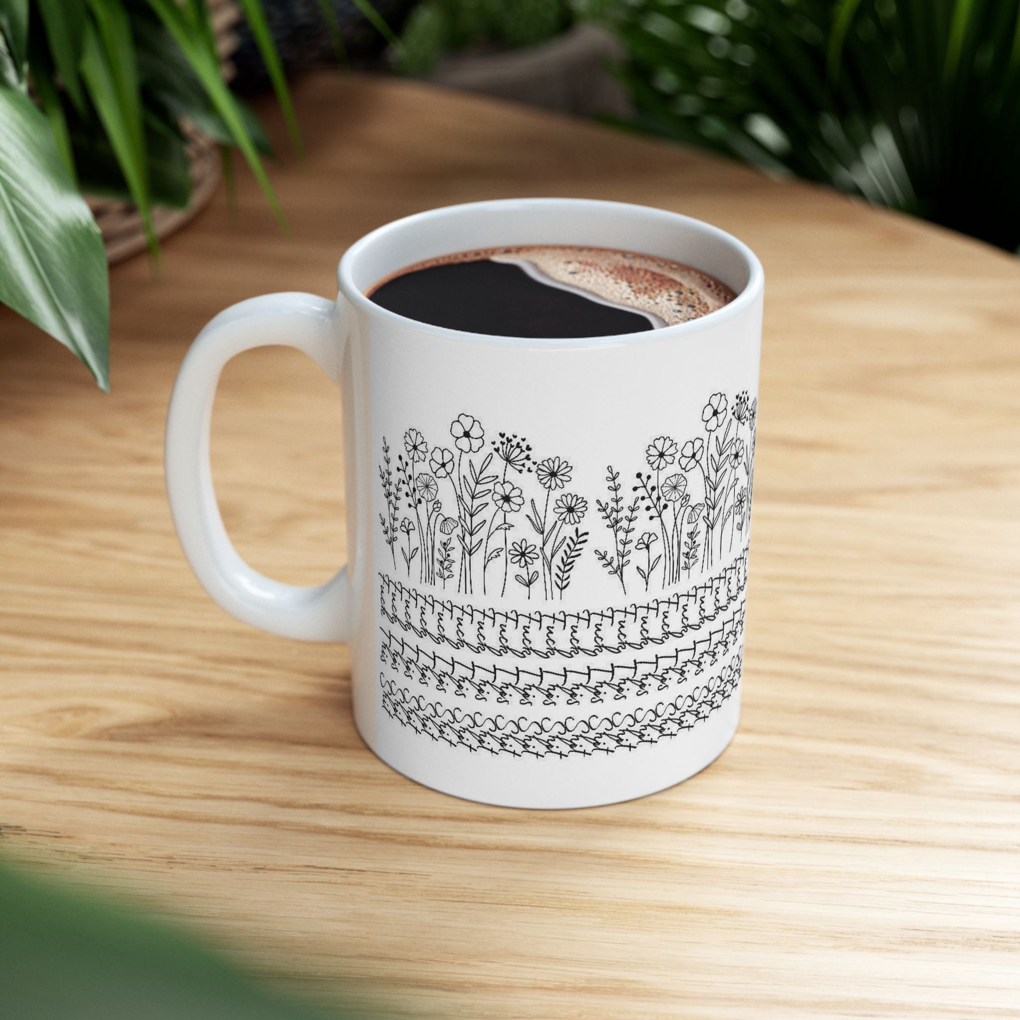 Floral Knit Pattern Ceramic Mug — Black Doodle Wildflower Design (11oz & 15oz)