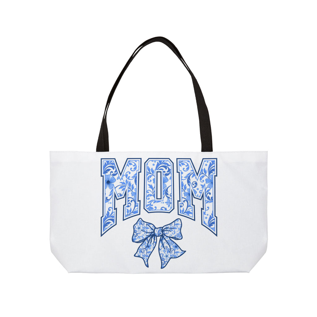 Mom Floral Bow Weekender Tote Bag – Mother's Day Gift, Floral Typography Beach Bag