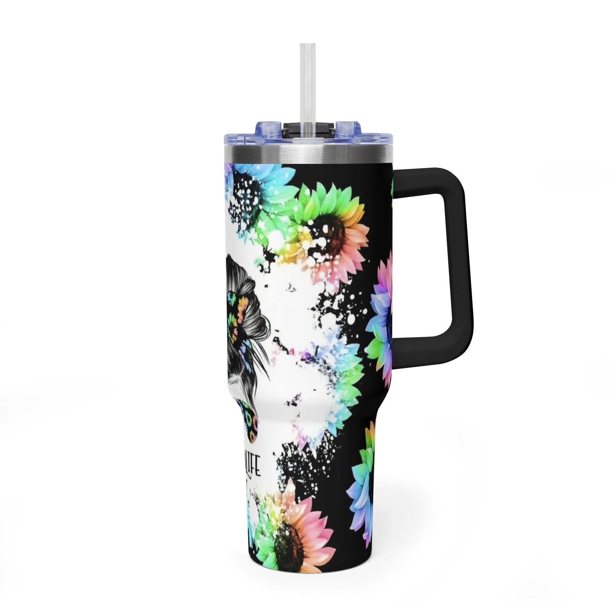 40oz Mom Life Tumbler - Floral Skull Messy Bun Vacuum Insulated Travel Mug