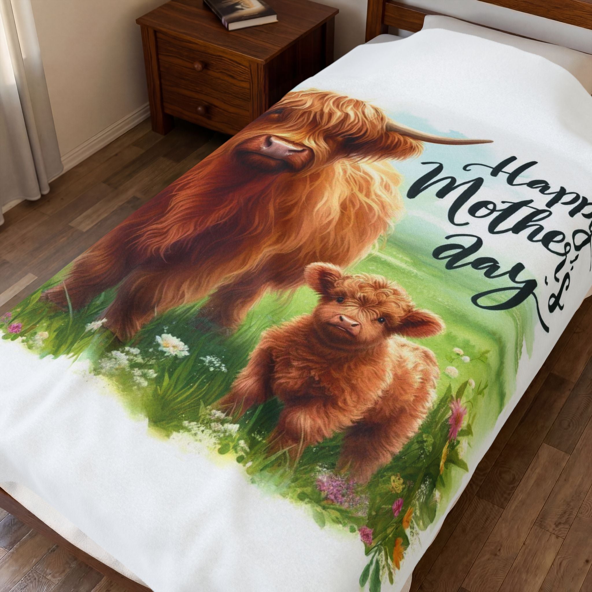 Mother's Day Velveteen Plush Blanket – Highland Cow & Calf Gift
