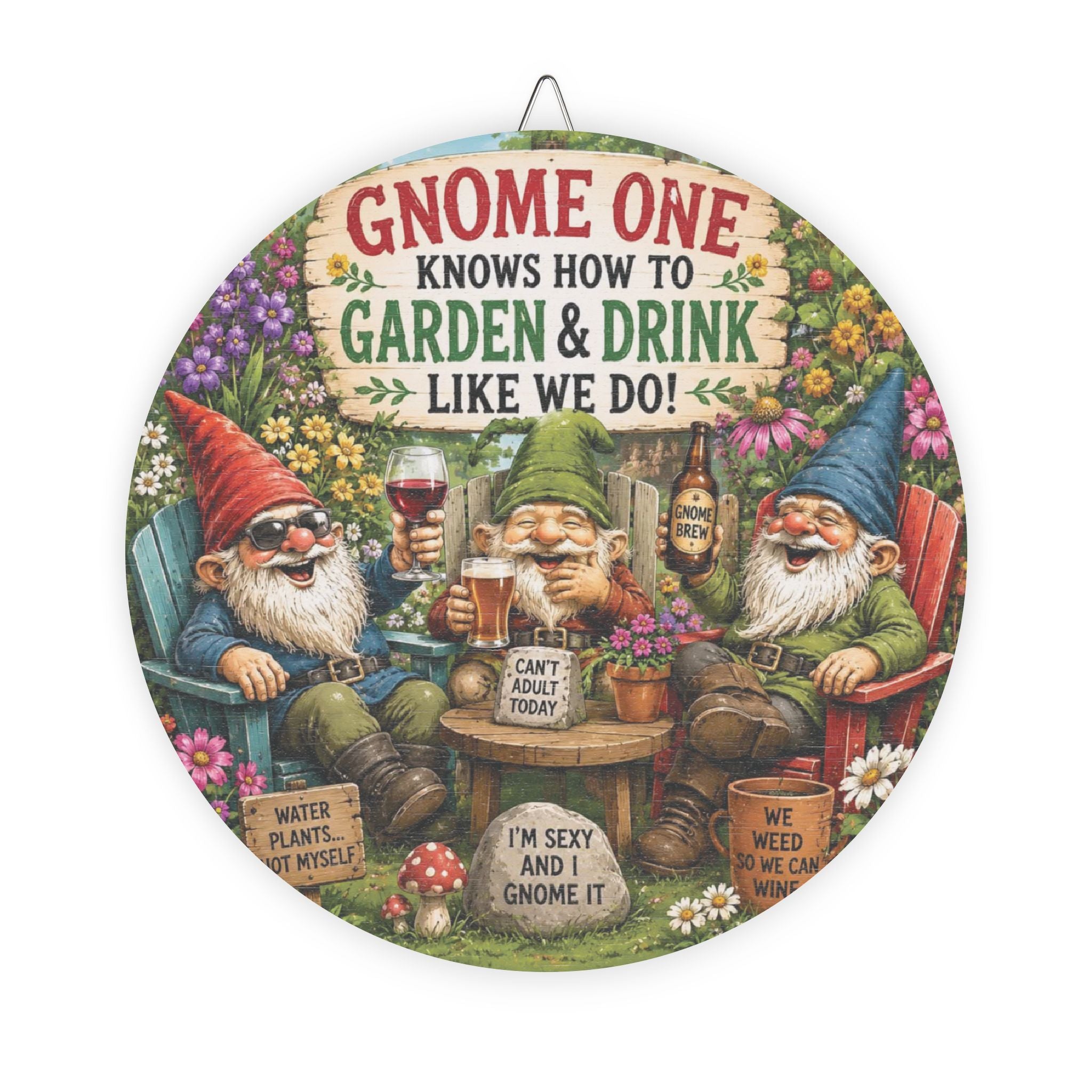 Gnome One Garden & Drink Round Wood Sign – Funny Gnome Drinking Decor