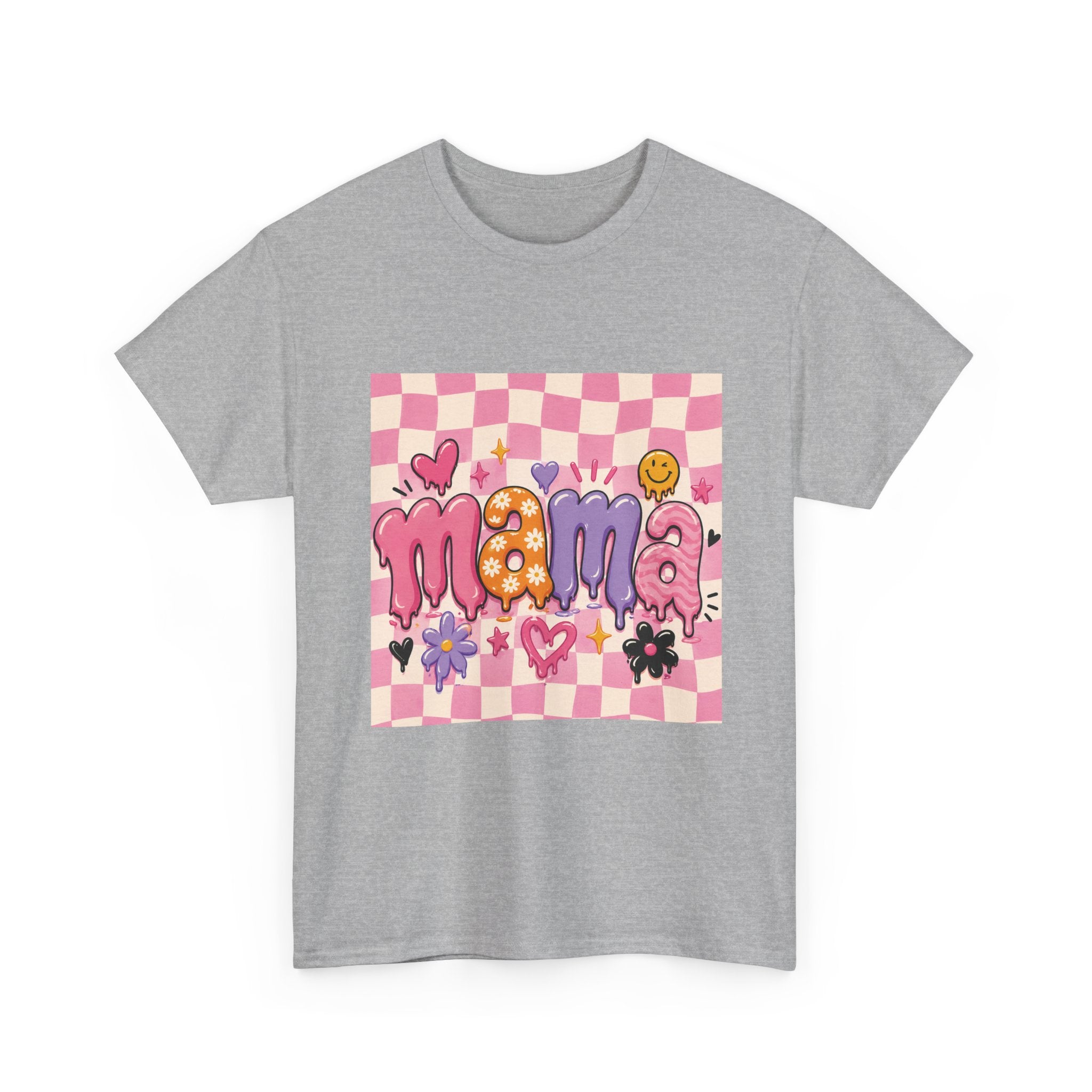 Mama Checkerboard Graphic Tee — Cute Pink Heart & Flower Mother's Day Shirt