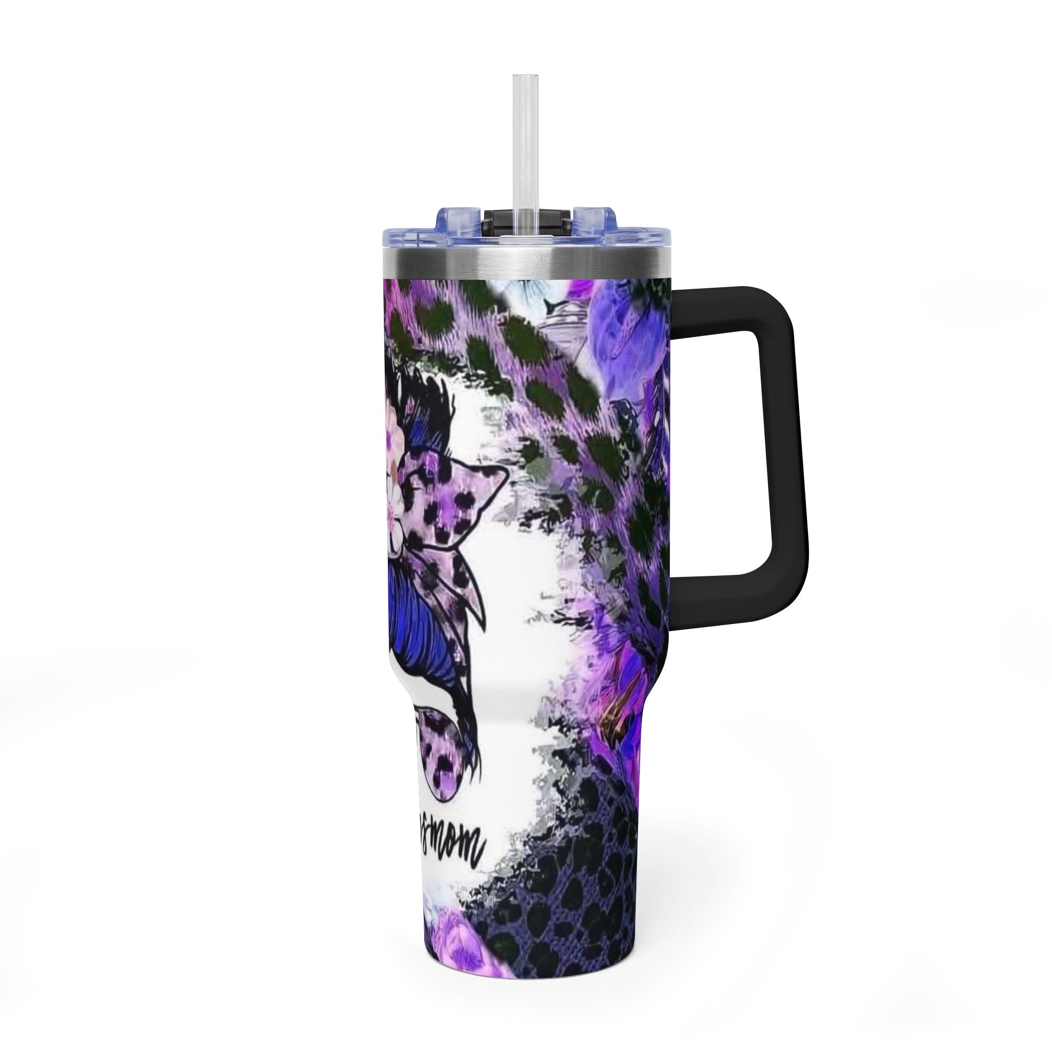 40oz Boss Mom Tumbler — Purple Leopard Floral Thermal Travel Mug