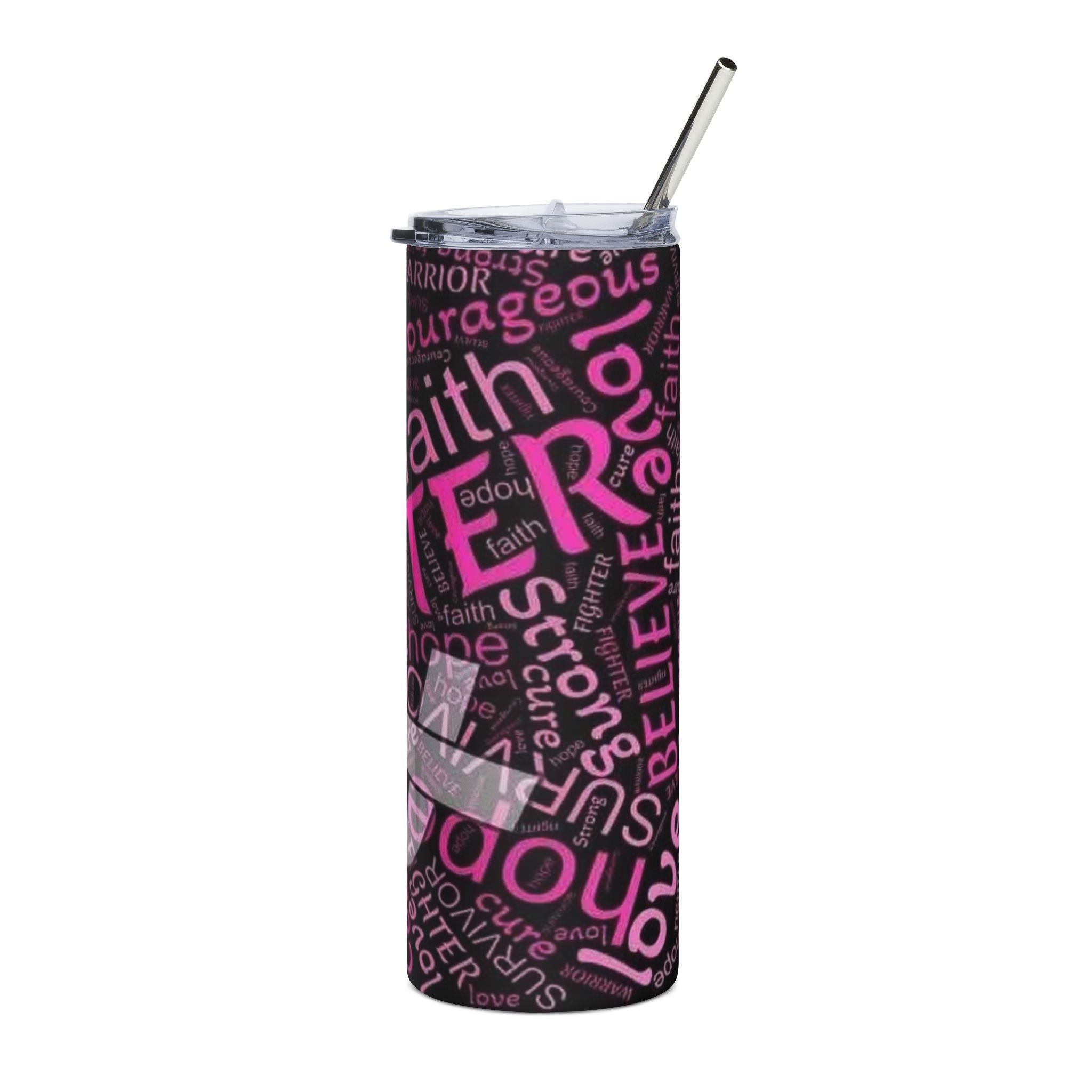 20oz Stainless Steel Tumbler – Breast Cancer Awareness Pink Ribbon Word Cloud