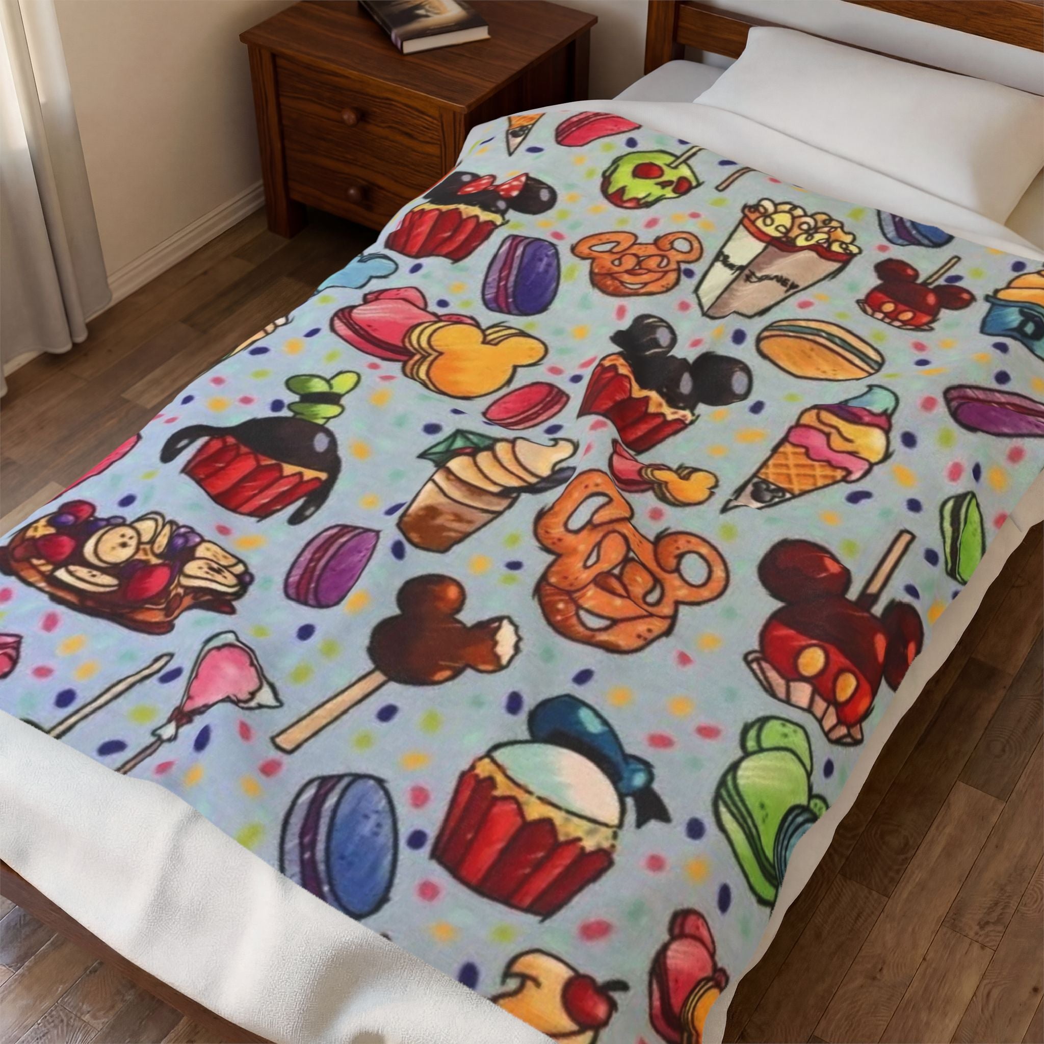 Plush Dessert Icons Velveteen Blanket — Cute Candy & Mickey Treats Throw