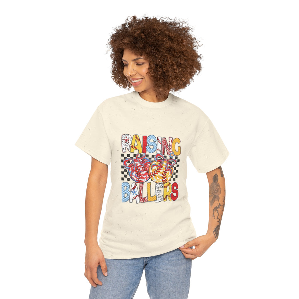 T-Shirt — "Raising Ballers" Kids Sports Tee with Retro Checkered Basketball Design