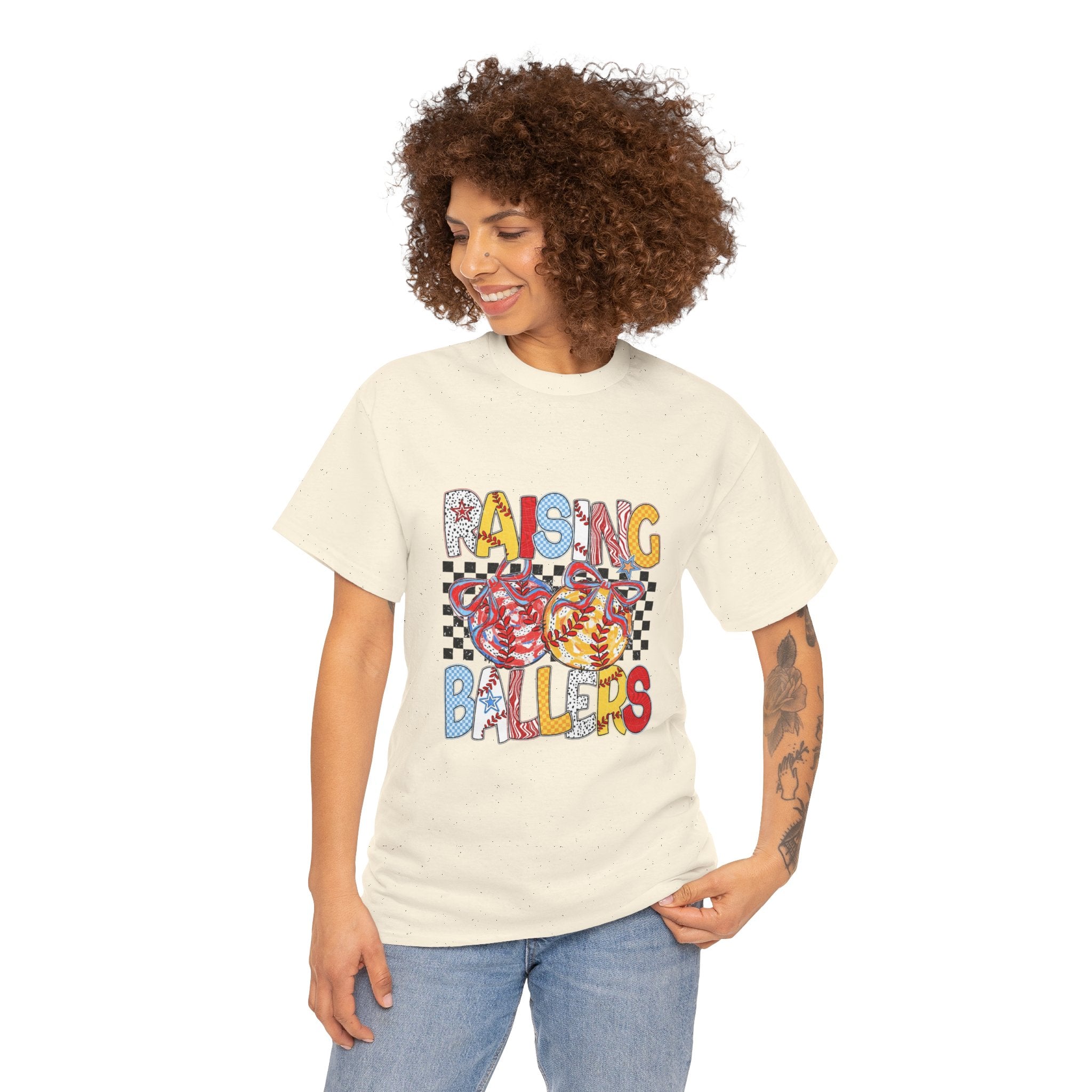 T-Shirt — "Raising Ballers" Kids Sports Tee with Retro Checkered Basketball Design