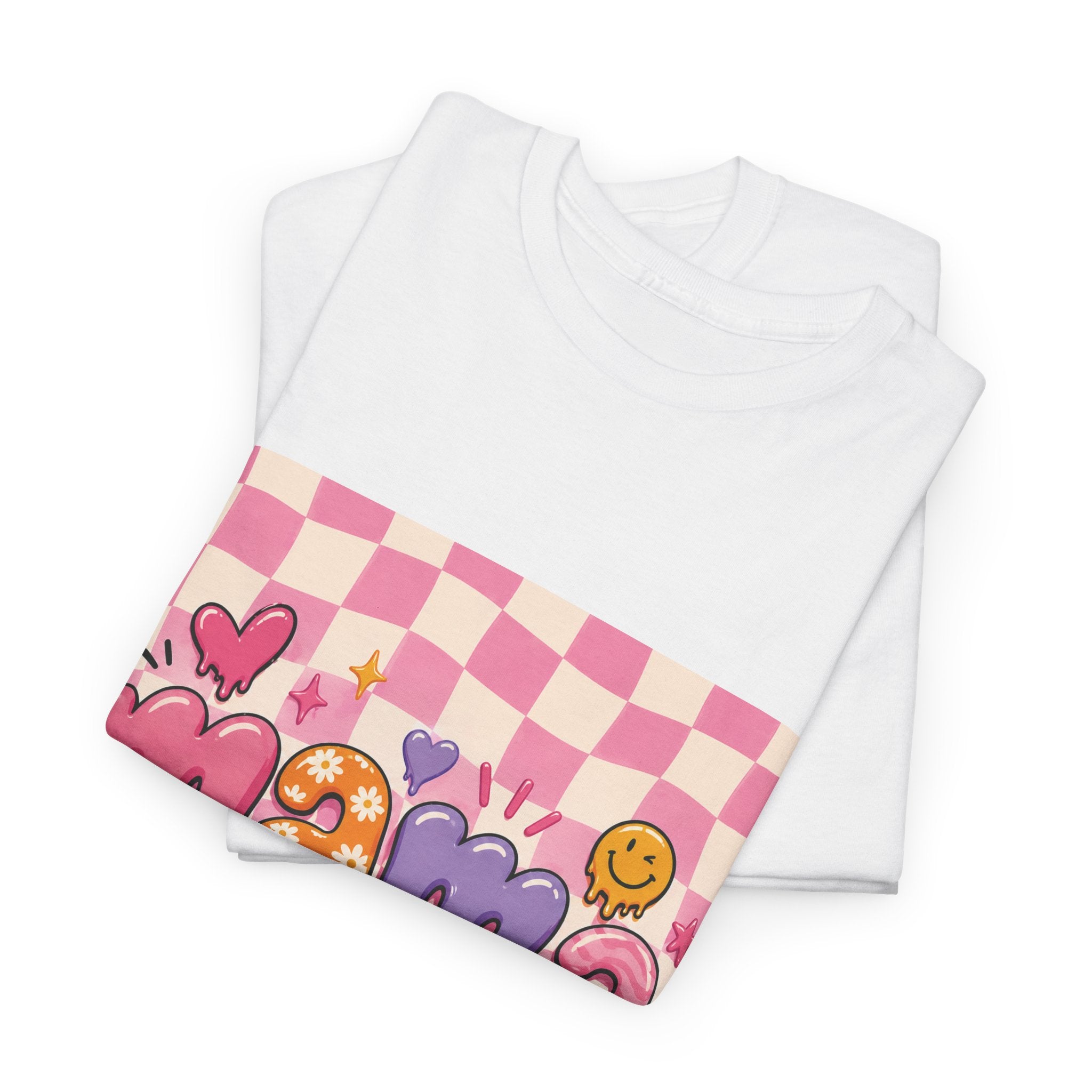 Mama Checkerboard Graphic Tee — Cute Pink Heart & Flower Mother's Day Shirt