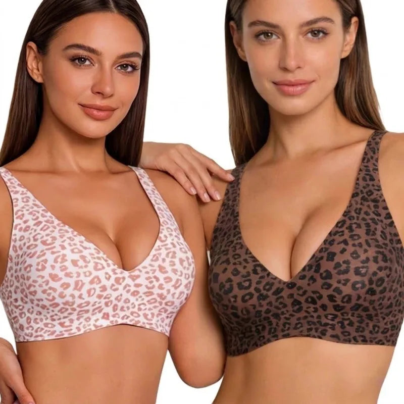 Leopard Print Bra Women Wireless Jelly Support Full-Cup Bra Seamless Invisible Comfortable Breathable Daily Wear Top Underwear