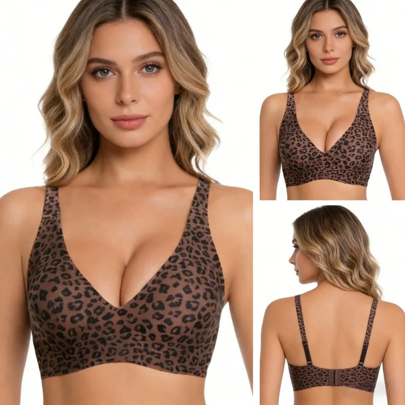Leopard Print Bra Women Wireless Jelly Support Full-Cup Bra Seamless Invisible Comfortable Breathable Daily Wear Top Underwear
